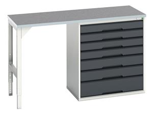 verso pedestal bench with 7 drawer 800W cab & lino worktop. WxDxH: 1500x600x930mm. RAL 7035/5010 or selected Verso Pedastal Benches with Drawer / Cupboard Unit